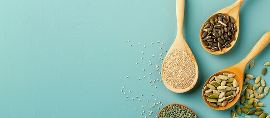 Fototapete - Pumpkin, sunflower and sesame seeds in a wooden spoon Isolated on pastel background top view. with copy space image. Place for adding text or design