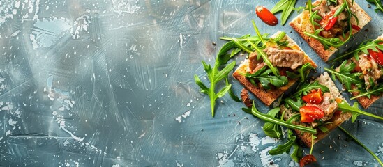 Aufkleber - appetizer of veal with arugula and toasted isolated on pastel background. with copy space image. Place for adding text or design