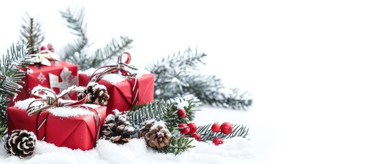 Fototapete - Christmas gift boxes and decor in snow. Isolated on white background. with copy space image. Place for adding text or design
