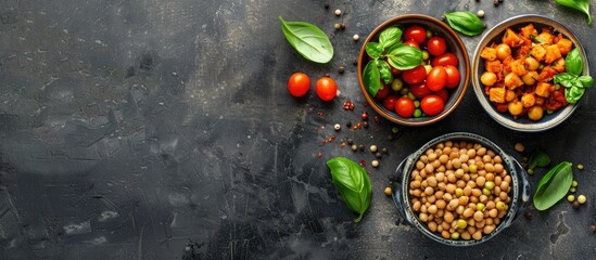 Poster - Bowls with tasty and nutritious food, top view. Copy space image. Place for adding text or design