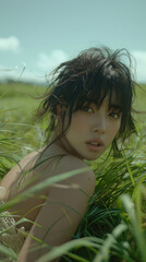 Woman in nature surrounded by tall green grass capturing a moment of serene beauty with natural light highlighting her features against a soft, scenic outdoor backdrop