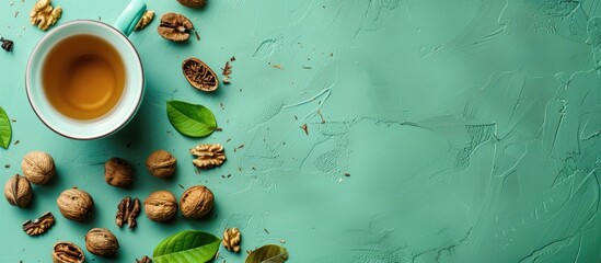 Poster - Walnuts and green tea pastel background  Food  Isolated. with copy space image. Place for adding text or design