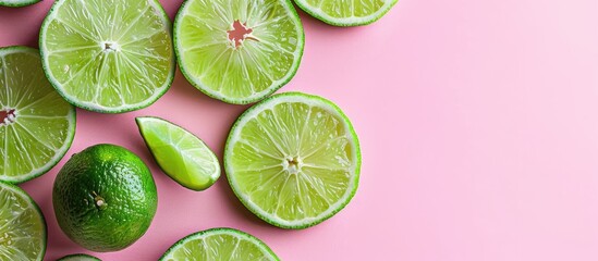 Fototapete - Lime slices Isolated on pastel background  Food  Isolated. with copy space image. Place for adding text or design