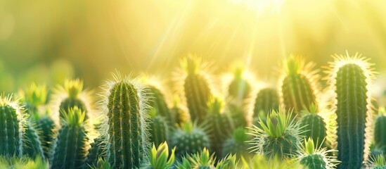 Poster - cactus, a variety of varieties of cactus, cactus in the rays of the sun. with copy space image. Place for adding text or design