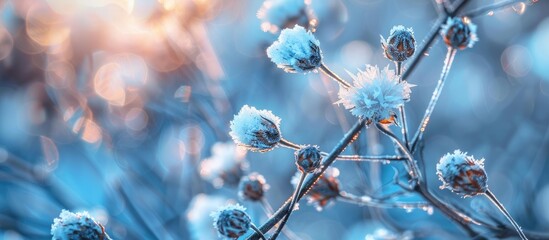 Poster - Winter landscape.Winter scene .Frozenned flower/ selective focus. with copy space image. Place for adding text or design