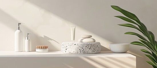 Poster - Spa and beauty product presentation scene made with porous stone podium near the cosmetic tubes and accessories on white bathroom shelf. with copy space image. Place for adding text or design