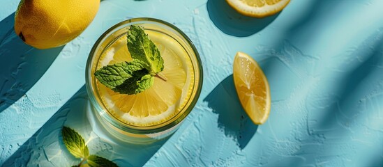 Fototapete - Banner. Lemonade on blue background close up. Summer drinks and vacation concept. Sunny day shadows, copy space. Copy space image. Place for adding text or design