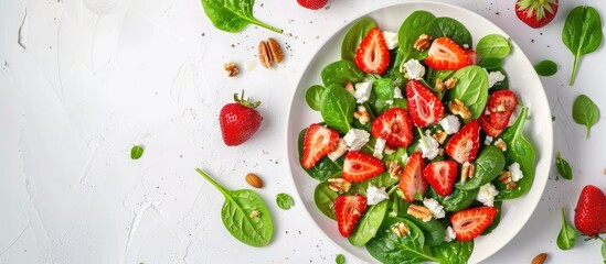 Poster - Strawberry salad. Spinach leaves, sliced strawberries, nuts, feta cheese on white background. Healthy food concept. Flat lay, top view. with copy space image. Place for adding text or design