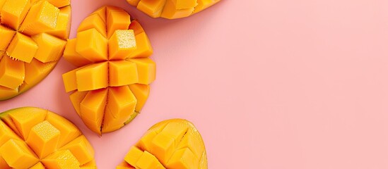 Leinwandbilder - Forur mango slices Isolated on pastel background, with clipping path. with copy space image. Place for adding text or design