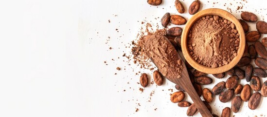 Leinwandbilder - Cocoa drink and cocoa powder with cacao beans in wooden spoon isolated on white background. Top view. Flat lay. Copy space image. Place for adding text or design