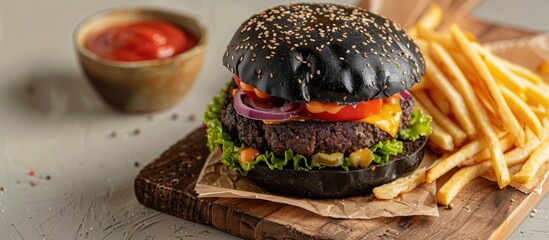 Leinwandbilder - Black burger on a light wooden board. The filling consists of the spirit of cutlets, cheese, sauce and vegetables. Next to the burger fries. pastel background. Closeup. Macro shooting
