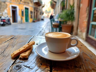 Canvas Print - Cozy Espresso and Biscotti Moment in a Charming Italian Cafe Alfresco Setting