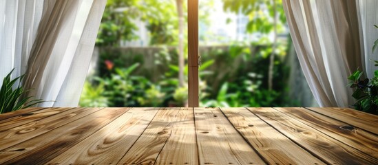 Poster - Empty wood table top with blur white curtain window and green garden background for product display template. with copy space image. Place for adding text or design