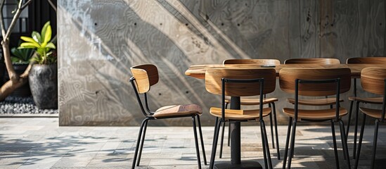 Poster - Wooden chairs with steel legs that are placed on a wooden table in the community area. with copy space image. Place for adding text or design