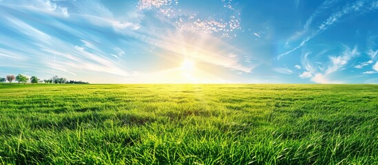 Fototapete - Panoramic natural landscape with green grass field and blue sky with clouds with curved horizon line. Panorama summer spring meadow. Copy space image. Place for adding text or design