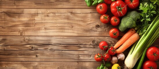 Poster - Fresh ripe vegetables on wooden background. with copy space image. Place for adding text or design