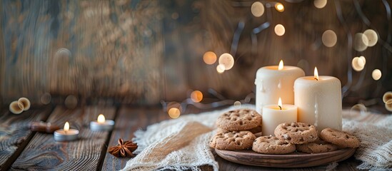 Poster - Holders with burning candles and cookies on fabric background. with copy space image. Place for adding text or design