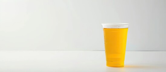 Aufkleber - Yellow beer in a plastic disposable cup to go isolated on white background. with copy space image. Place for adding text or design
