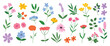 © TWINS DESIGN STUDIO - Collection of spring colorful flower elements vector. Set floral of wildflower, leaf branch, foliage on white background. Hand drawn blossom illustration for decor, easter, sticker, clipart, print.