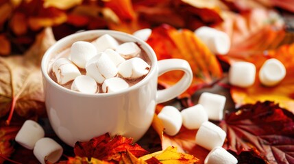 Wall Mural - Hot Chocolate Cup with Marshmallow on Autumn Leaves Background