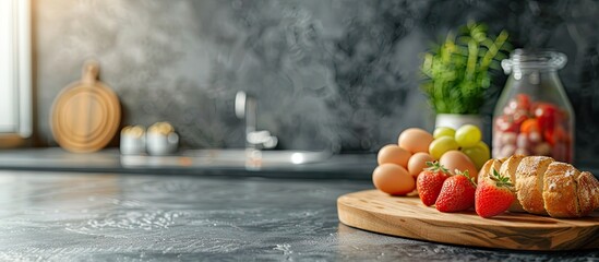Poster - Healthy breakfast on the kitchen table. Copy space image. Place for adding text or design