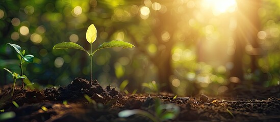 Poster - The seedling are growing from the rich soil to the morning sunlight that is shining, ecology concept. Copy space image. Place for adding text or design