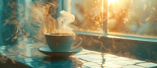 Aufkleber - one cup hot coffee with smoke on the glass table in the window light in room. with copy space image. Place for adding text or design
