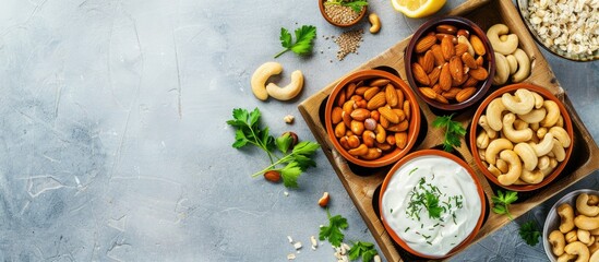 Fototapete - Tray with cashew sour cream, nuts and lemon juice on light background, closeup. Copy space image. Place for adding text or design