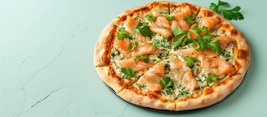 Poster - smoked salmon pizza on pastel background Food  Isolated. with copy space image. Place for adding text or design