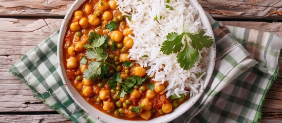Leinwandbilder - Indian red lentil curry with chickpeas, white rice and fresh cilantro - chana dal - in a white bowl on a green checkered kitchen towel. with copy space image. Place for adding text or design