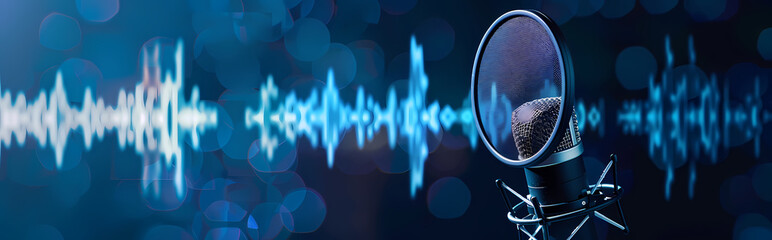 Wall Mural - Microphone with waveform on blue background, broadcasting or podcasting banner