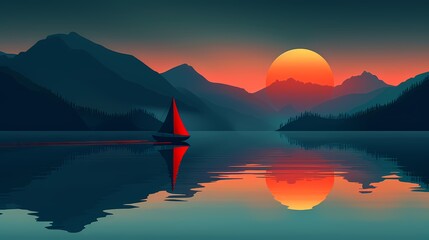 Wall Mural - Sunset lake sailboat illustration poster background