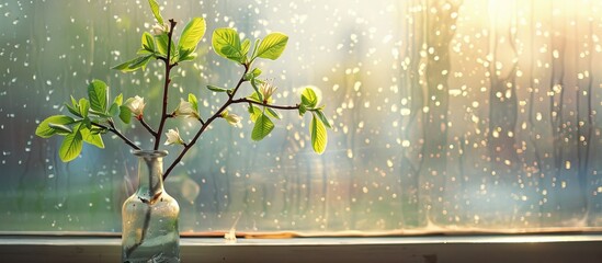 Aufkleber - Fresh leaves in spring on a branch. A branch bloomed on the windowsill in a vase. with copy space image. Place for adding text or design