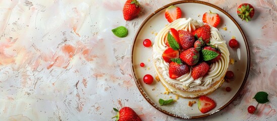 Fototapete - Strawberry shortcake consists of vanilla sponge cake, cheese cream and fresh strawberry in a round brown and white plate pastel background. with copy space image. Place for adding text or design