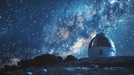 Wall Mural - A large telescope is on a rocky hillside, with a clear night sky above it