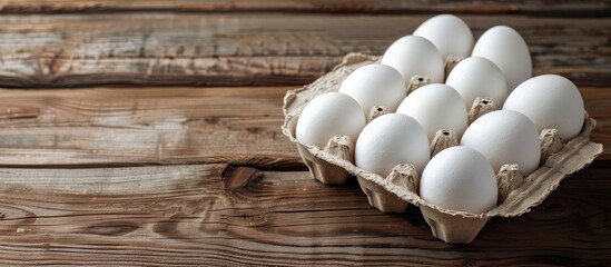 Fototapete - White eggs in a paper container on wooden boards. Cooking theme background. with copy space image. Place for adding text or design