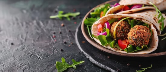 Tortilla wrap with falafel and fresh salad, vegetarian healthy food, vegan concept copy space
