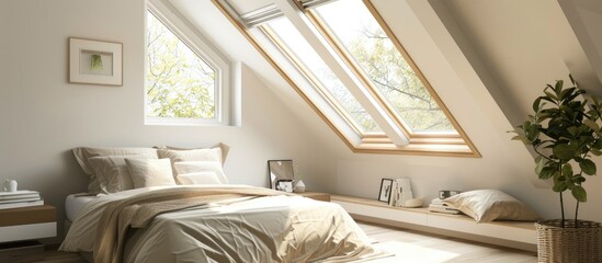 Poster - Bedroom in modern student apartment with sky light. with copy space image. Place for adding text or design