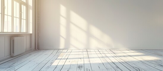 Aufkleber - Empty room with wooden baseboards with white ceramic flooring, aluminum radiator and ceiling fan. with copy space image. Place for adding text or design