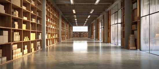Wall Mural - interior of warehouse. Rows of shelves with boxes. Copy space image. Place for adding text or design