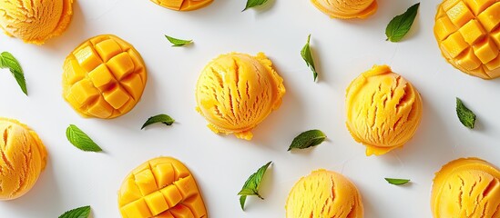 Leinwandbilder - Creative layout made of mango ice cream on the white background. Flat lay. Food concept. Macro concept. Vegan ice ream. Copy space image. Place for adding text or design