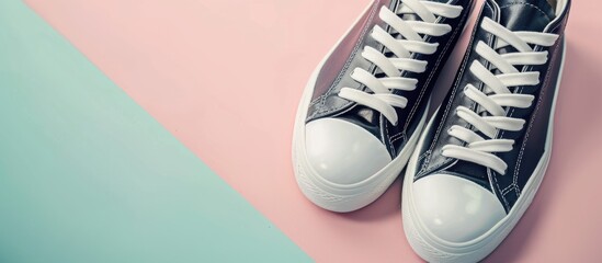 Wall Mural - Close up of black and white shoes with isolated on pastel background. with copy space image. Place for adding text or design