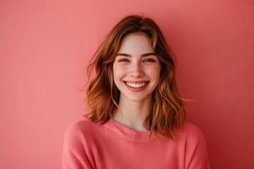Portrait of a satisfied caucasian woman in her 30s smiling at the camera in front of solid color backdrop
