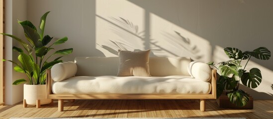 Poster - Stylish living room interior with comfortable wooden sofa and beautiful houseplants. with copy space image. Place for adding text or design