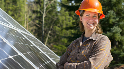 A confident tradeswoman with a hard hat standing next to a solar panel array discussing installation procedures.