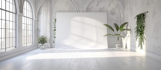 Aufkleber - Bright photo studio interior with big window, high ceiling, white wooden floor. with copy space image. Place for adding text or design
