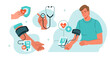 © Irina Strelnikova - Man with hypertension checking heart health with blood pressure monitor at home. Vector illustration.