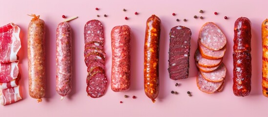 Poster - Different sausages and smoked meats Isolated on pastel background . with copy space image. Place for adding text or design
