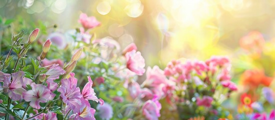 Fototapete - Garden landscaping  Outdoors pastel background  Flower. with copy space image. Place for adding text or design