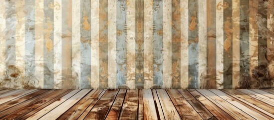 Poster - Empty top of vintage striped pattern wall and wooden deck tabletop.For product display. with copy space image. Place for adding text or design